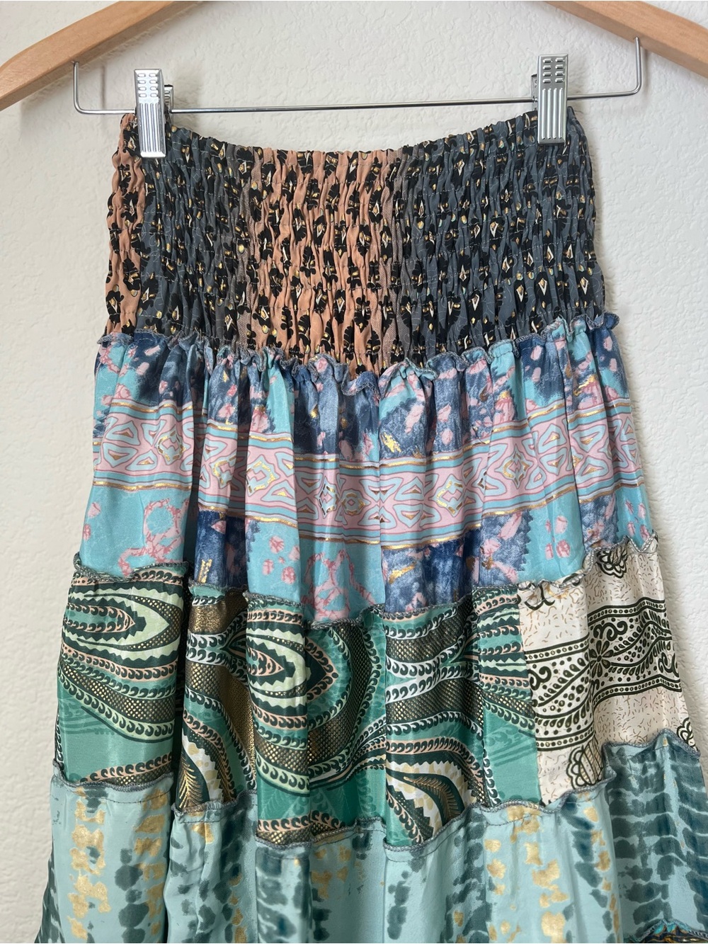 Boho Tiered Maxi Skirt in Teal Multicolor Patchwork - Picture 3 of 9